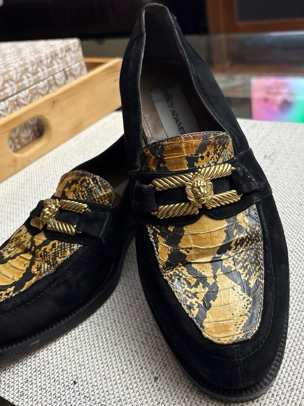 Stacy Adams Black Suede mens Loafers with  Black & yellow Snakeskin, size 9